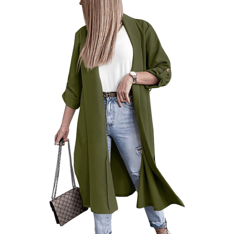 Slit Open Front Roll-Tab Sleeve Trench Coat Army Green / S Apparel and Accessories