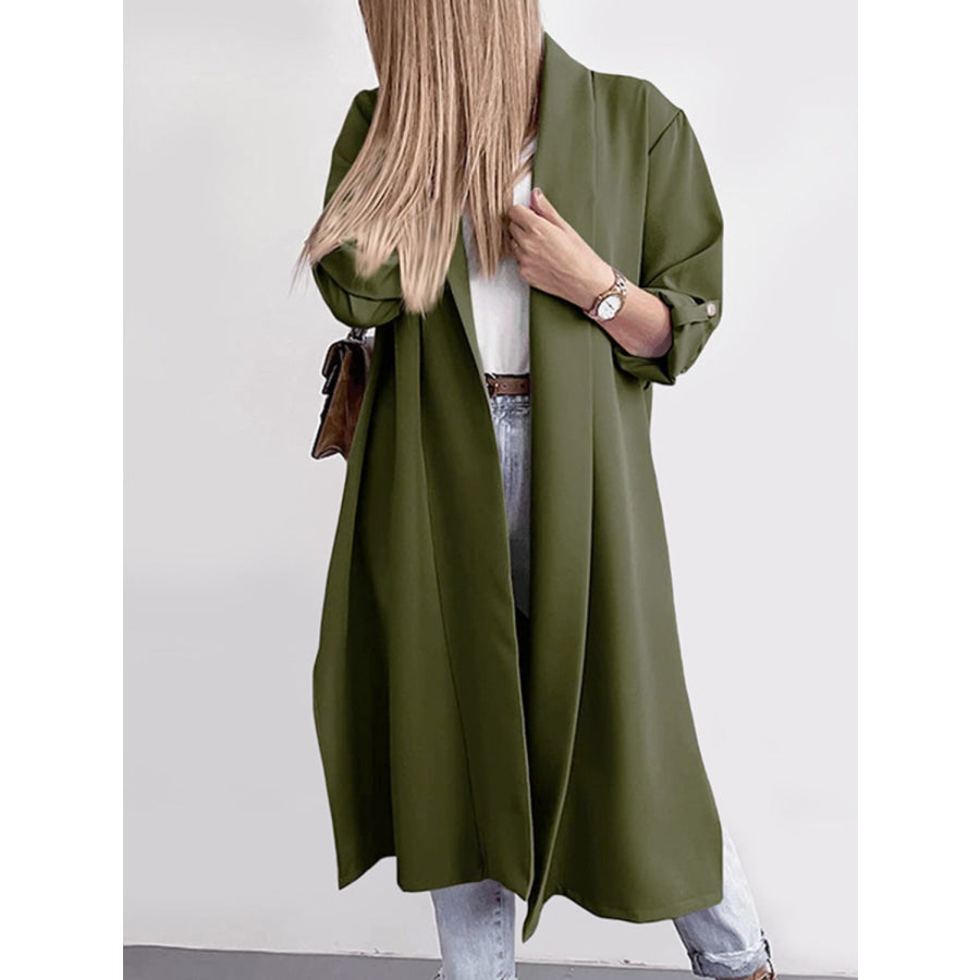 Slit Open Front Roll-Tab Sleeve Trench Coat Army Green / S Apparel and Accessories