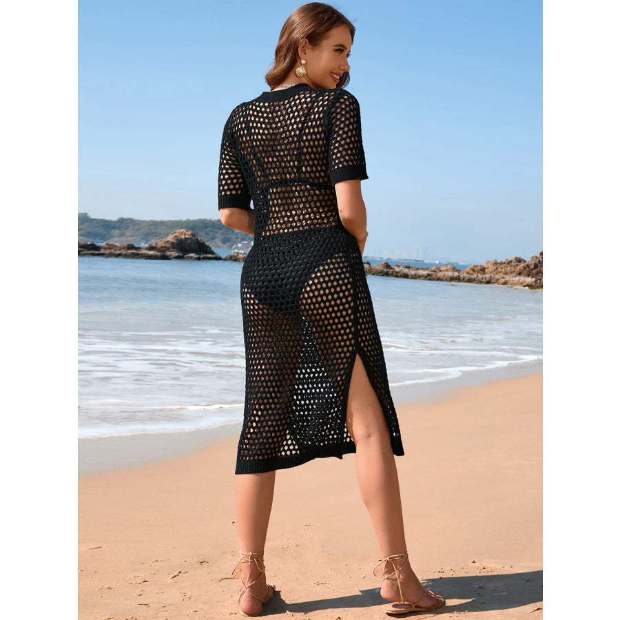 Slit Openwork Round Neck Cover - Up Black / S Apparel and Accessories