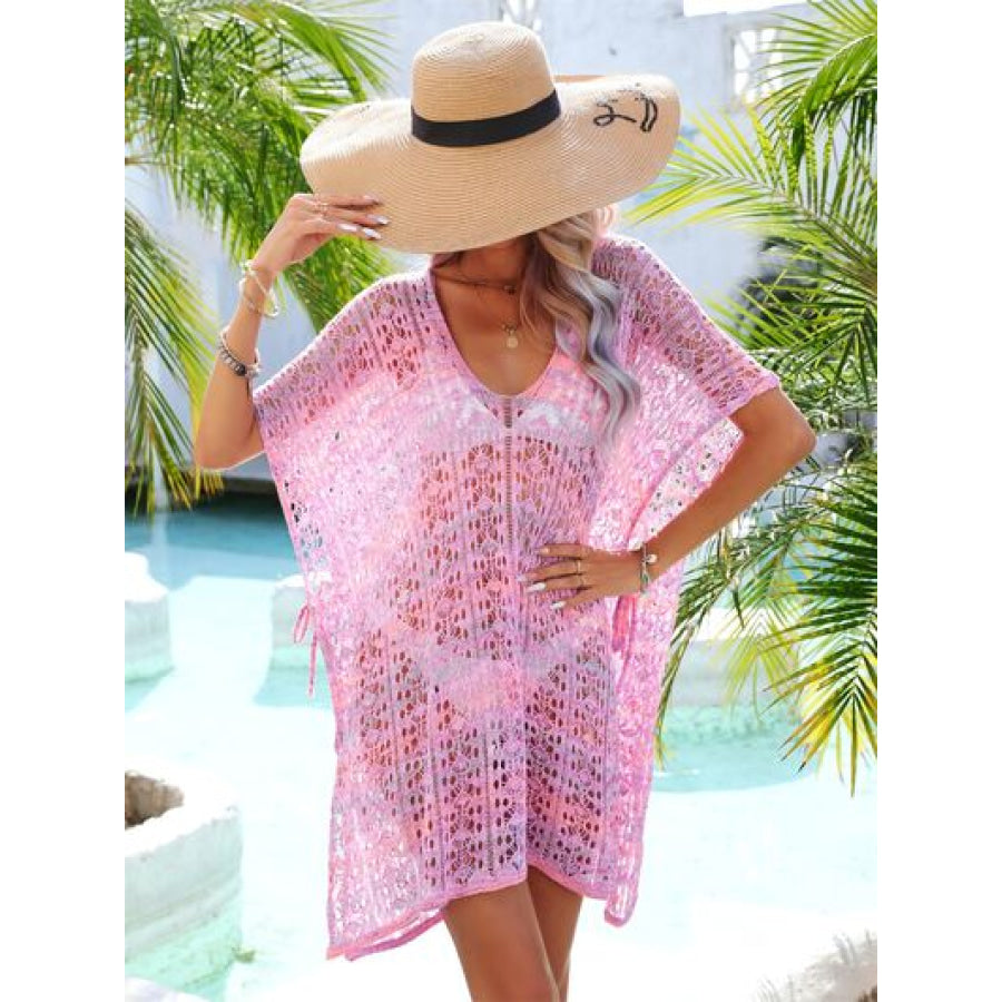 Slit Openwork V - Neck Cover Up Carnation Pink / One Size Apparel and Accessories