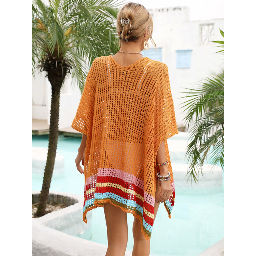 Slit Openwork V-Neck Half Sleeve Cover-Up Terracotta / One size Apparel and Accessories