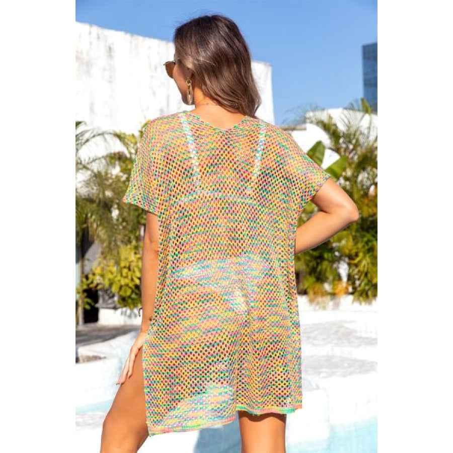 Slit Openwork V - Neck Short Sleeve Cover Up Multicolor / One Size Apparel and Accessories