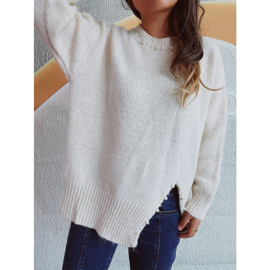 Slit Pearl Trim Round Neck Long Sleeve Sweater Apparel and Accessories