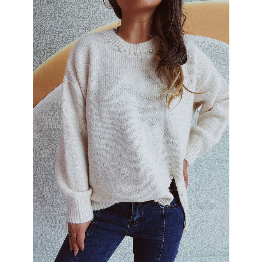 Slit Pearl Trim Round Neck Long Sleeve Sweater Apparel and Accessories