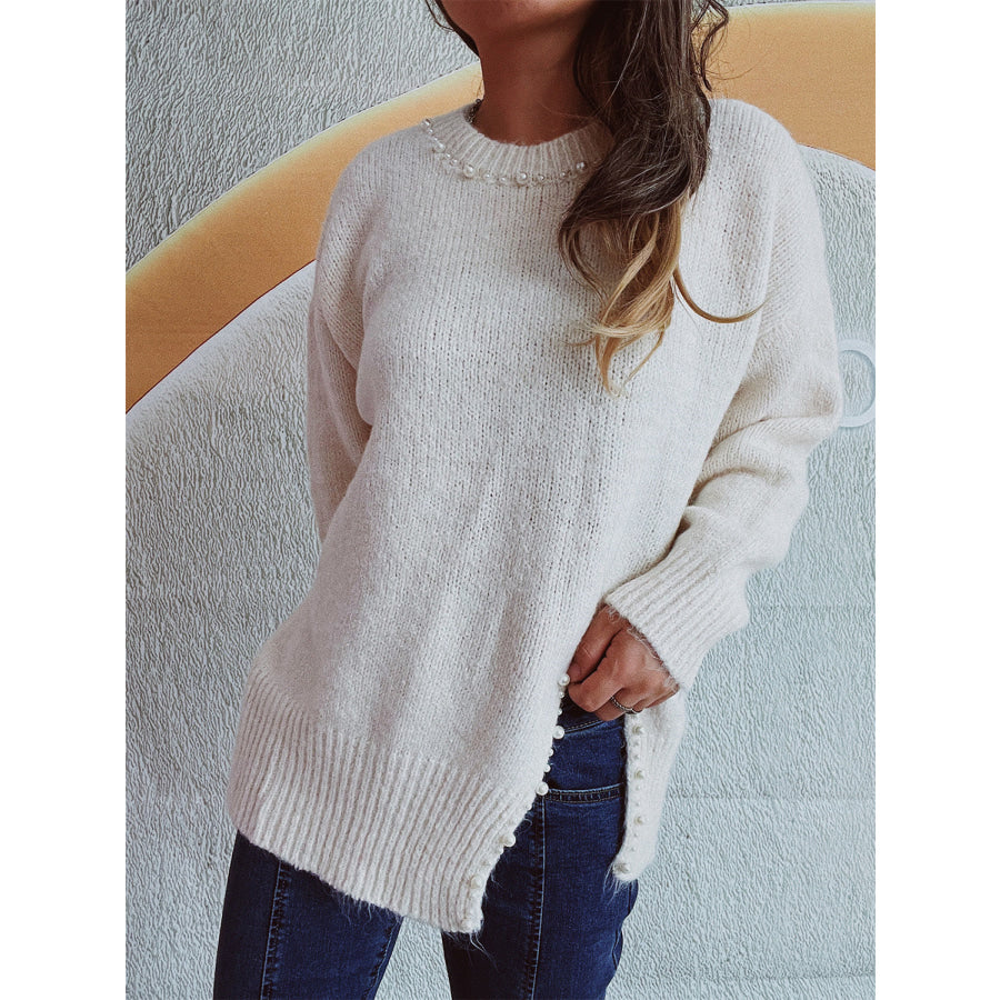 Slit Pearl Trim Round Neck Long Sleeve Sweater Apparel and Accessories