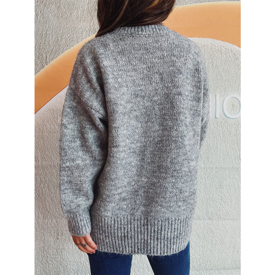 Slit Pearl Trim Round Neck Long Sleeve Sweater Apparel and Accessories