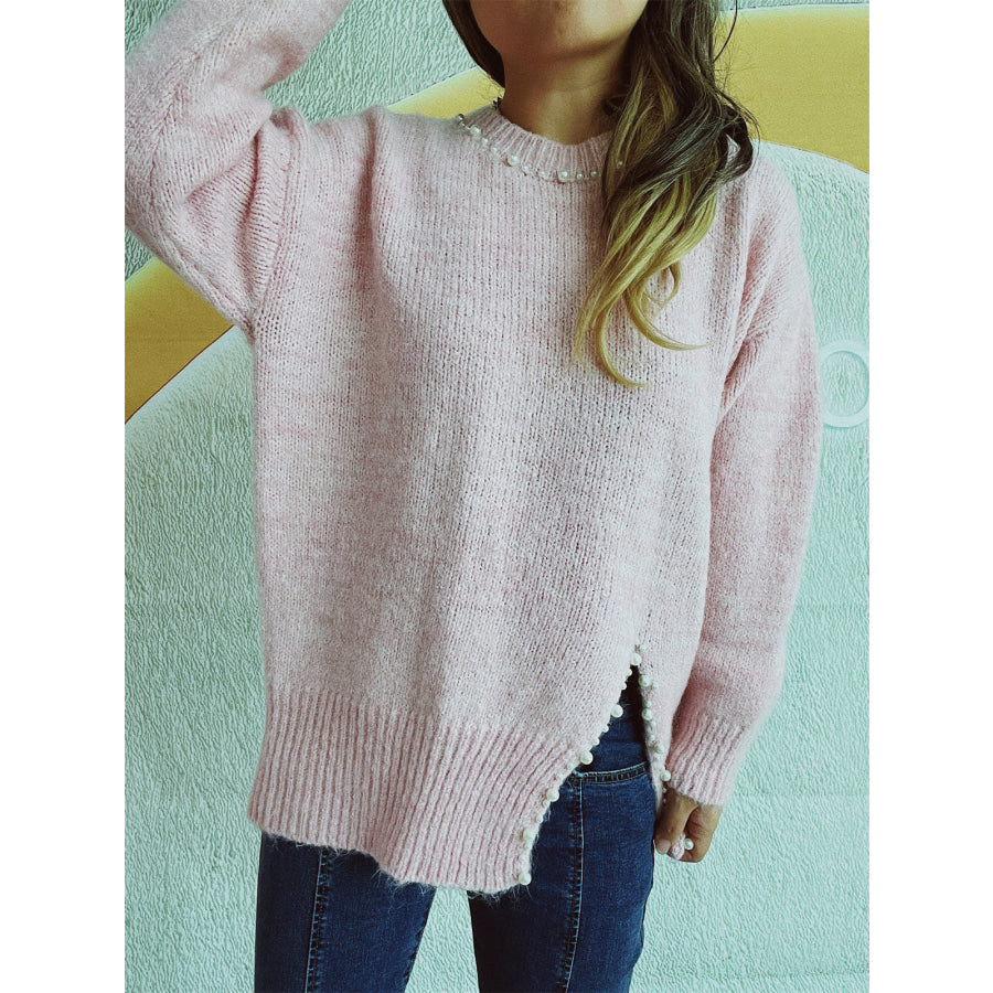 Slit Pearl Trim Round Neck Long Sleeve Sweater Blush Pink / One Size Apparel and Accessories