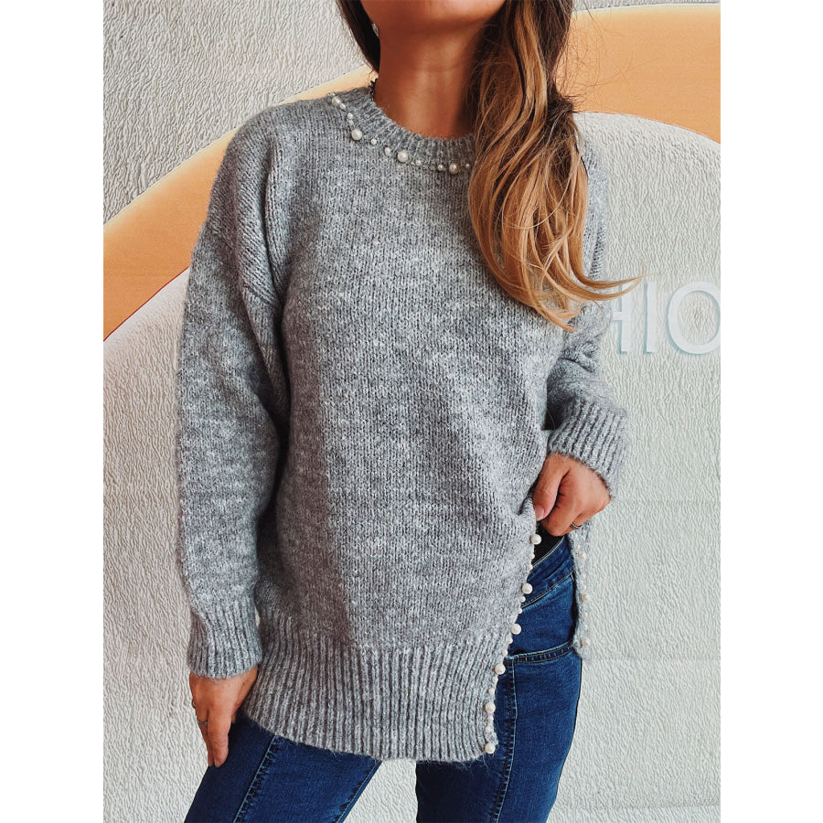 Slit Pearl Trim Round Neck Long Sleeve Sweater Gray / One Size Apparel and Accessories