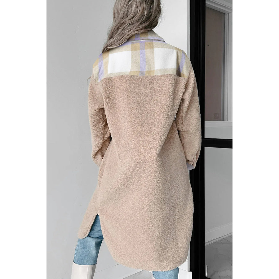 Slit Plaid Button Down Long Sleeve Coat Tan / S Apparel and Accessories