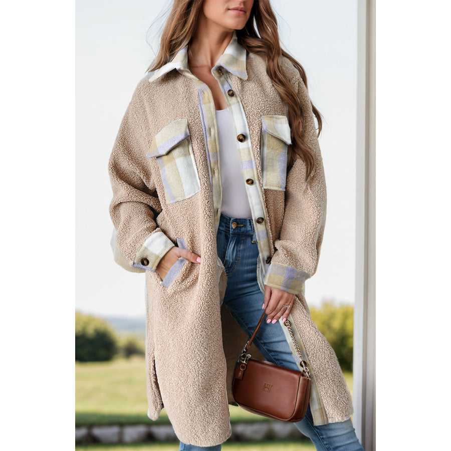 Slit Plaid Button Down Long Sleeve Coat Tan / S Apparel and Accessories