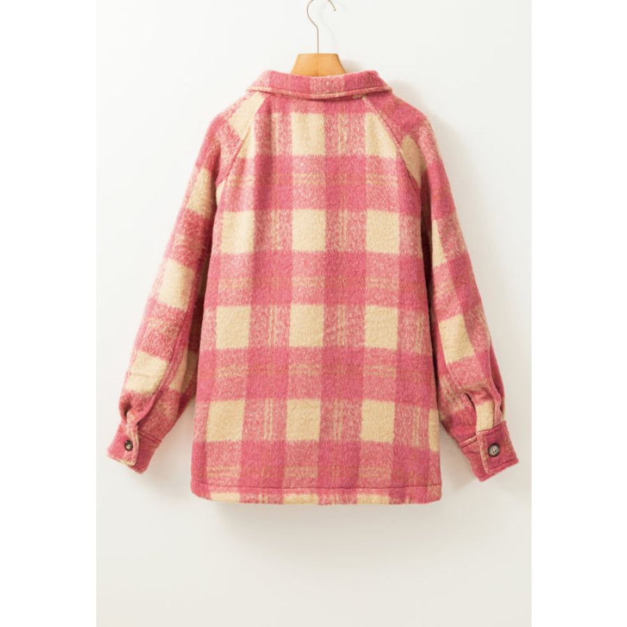 Slit Plaid Collared Neck Shacket Apparel and Accessories