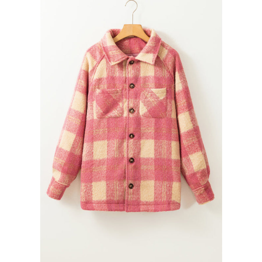 Slit Plaid Collared Neck Shacket Apparel and Accessories