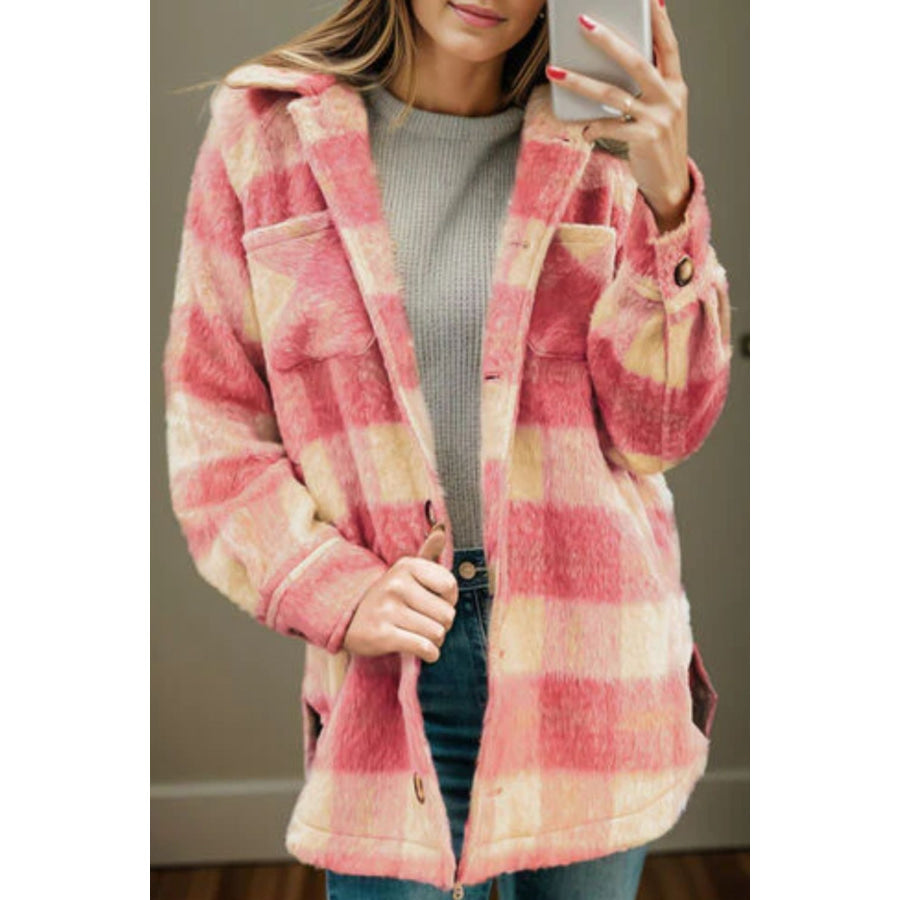 Slit Plaid Collared Neck Shacket Burnt Coral / S Apparel and Accessories