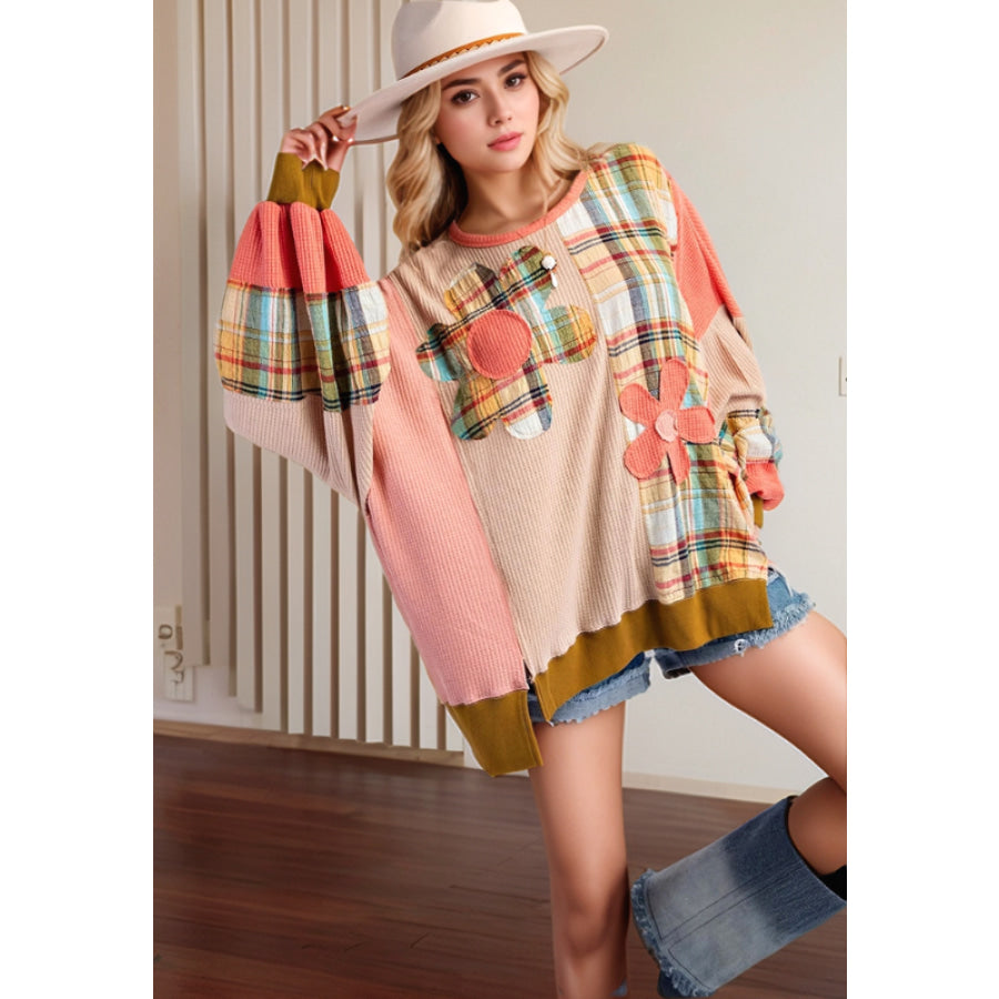Slit Plaid Round Neck Long Sleeve Sweatshirt Plaid / S Apparel and Accessories
