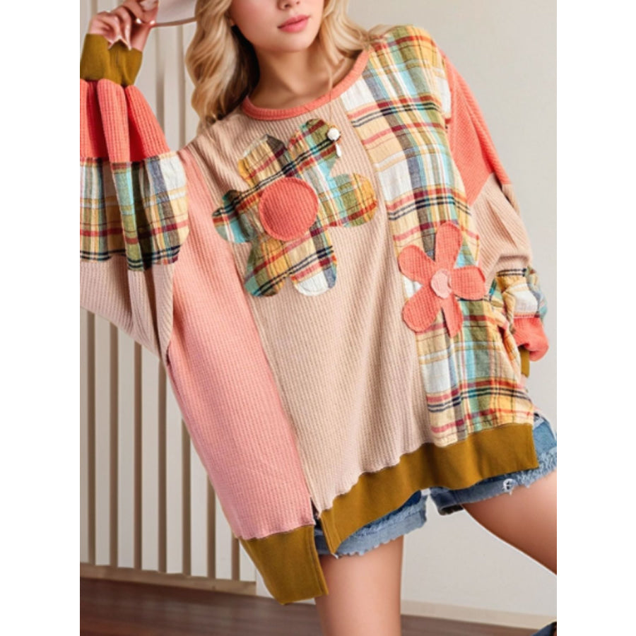 Slit Plaid Round Neck Long Sleeve Sweatshirt Plaid / S Apparel and Accessories