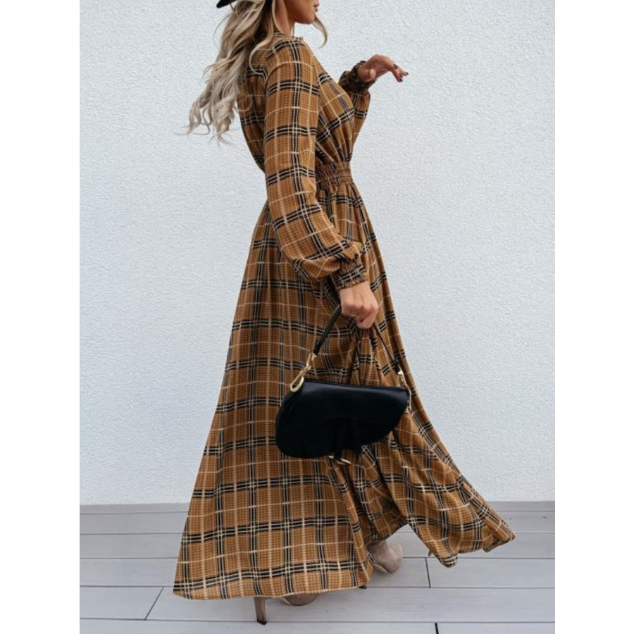 Slit Plaid Tie Neck Long Sleeve Maxi Dress Apparel and Accessories