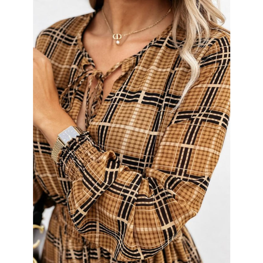 Slit Plaid Tie Neck Long Sleeve Maxi Dress Apparel and Accessories