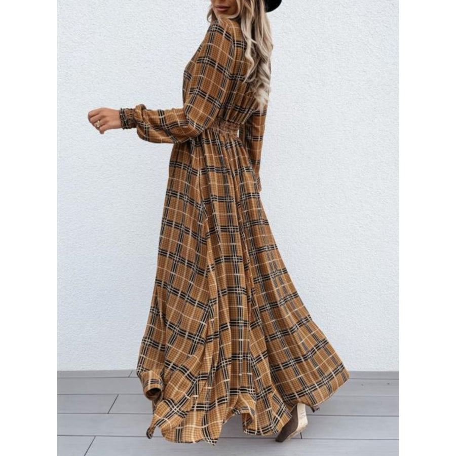 Slit Plaid Tie Neck Long Sleeve Maxi Dress Apparel and Accessories