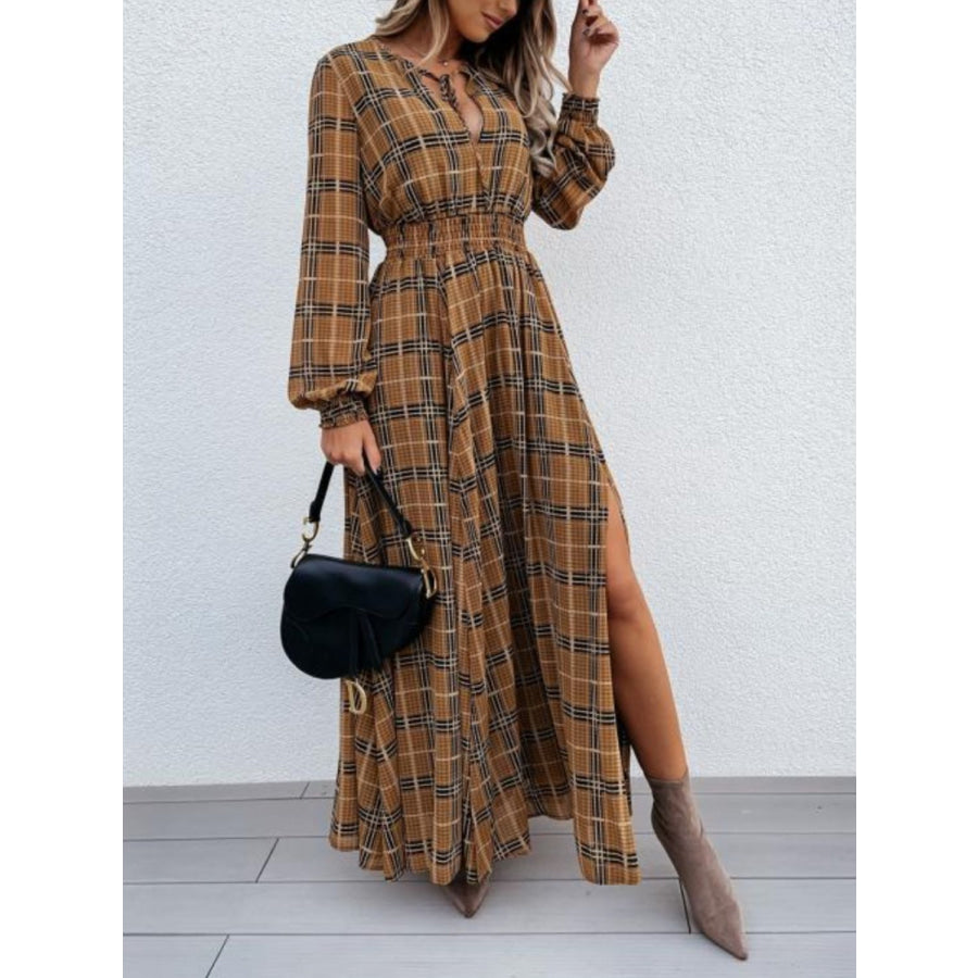 Slit Plaid Tie Neck Long Sleeve Maxi Dress Camel / S Apparel and Accessories