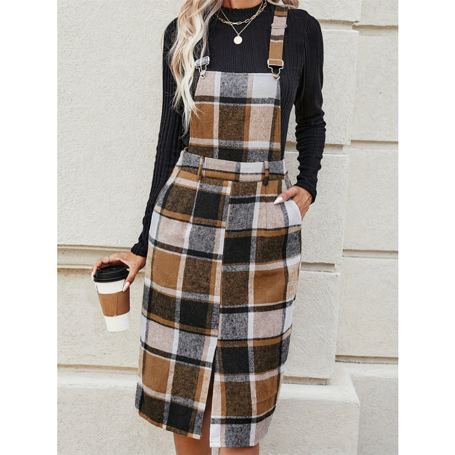 Slit Plaid Wide Strap Overall Dress Apparel and Accessories