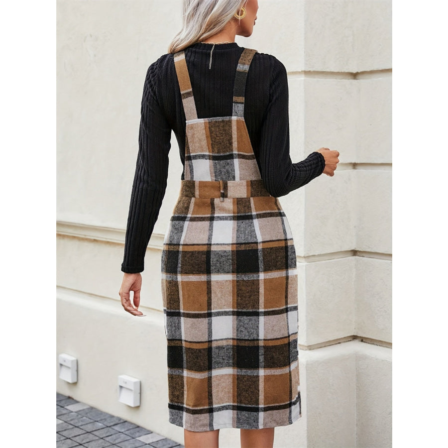 Slit Plaid Wide Strap Overall Dress Apparel and Accessories