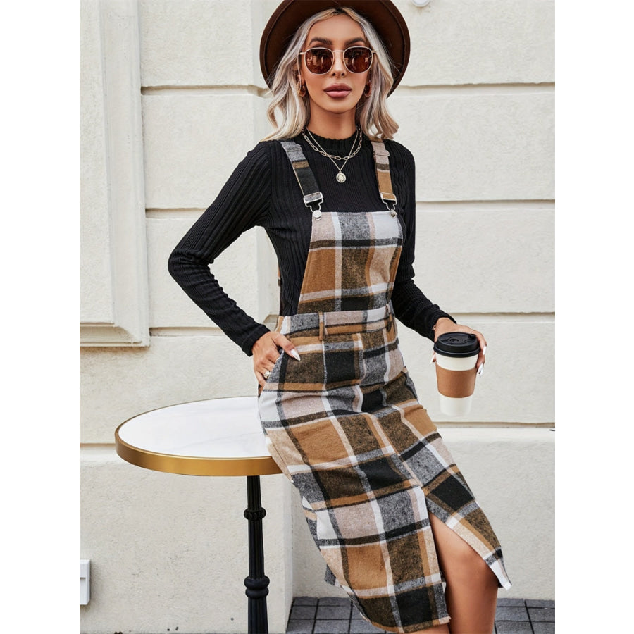 Slit Plaid Wide Strap Overall Dress Apparel and Accessories