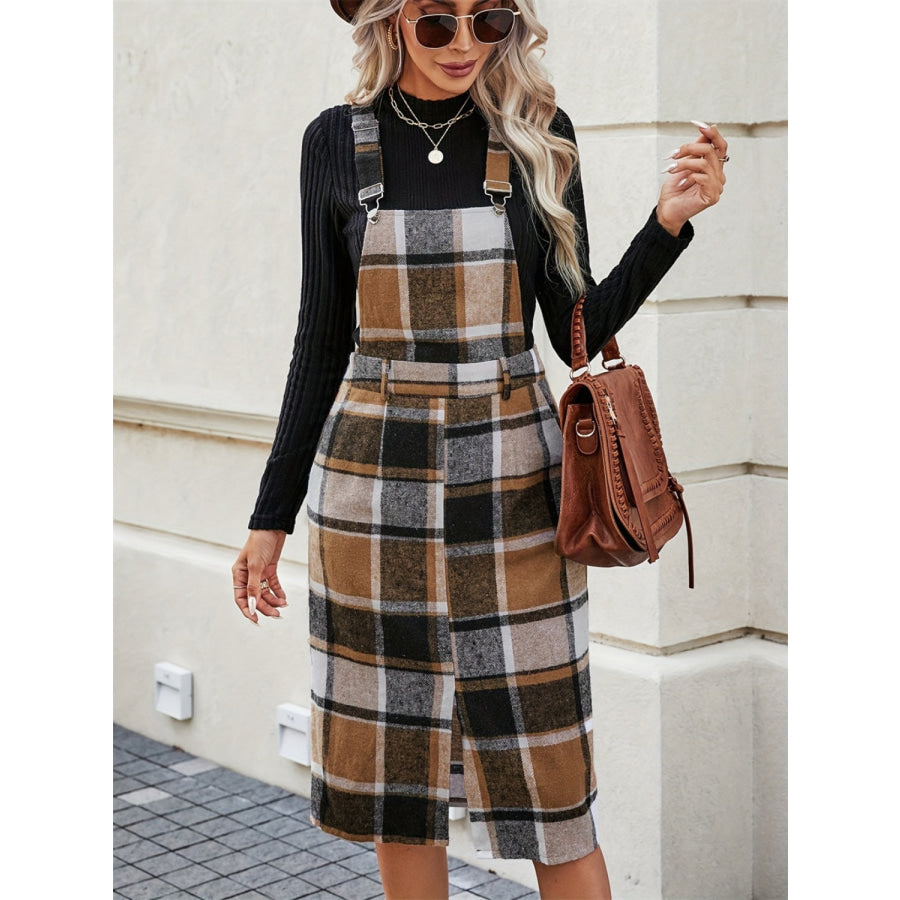 Slit Plaid Wide Strap Overall Dress Camel / S Apparel and Accessories