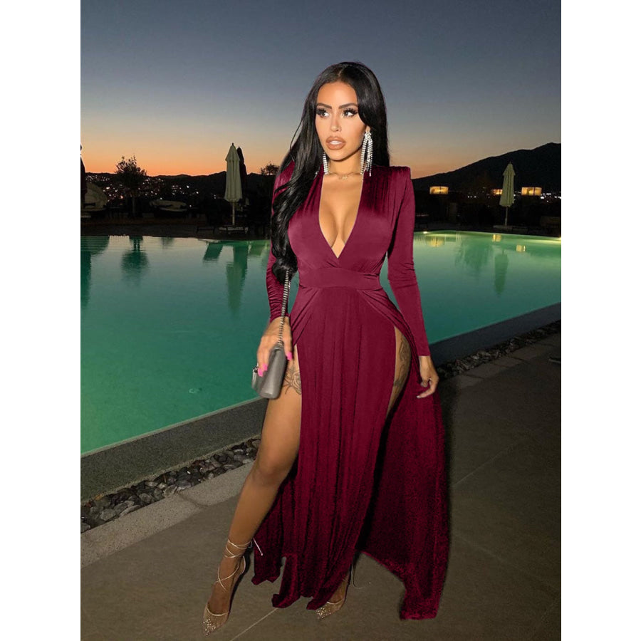 Slit Plunge Long Sleeve Dress Wine / S Apparel and Accessories