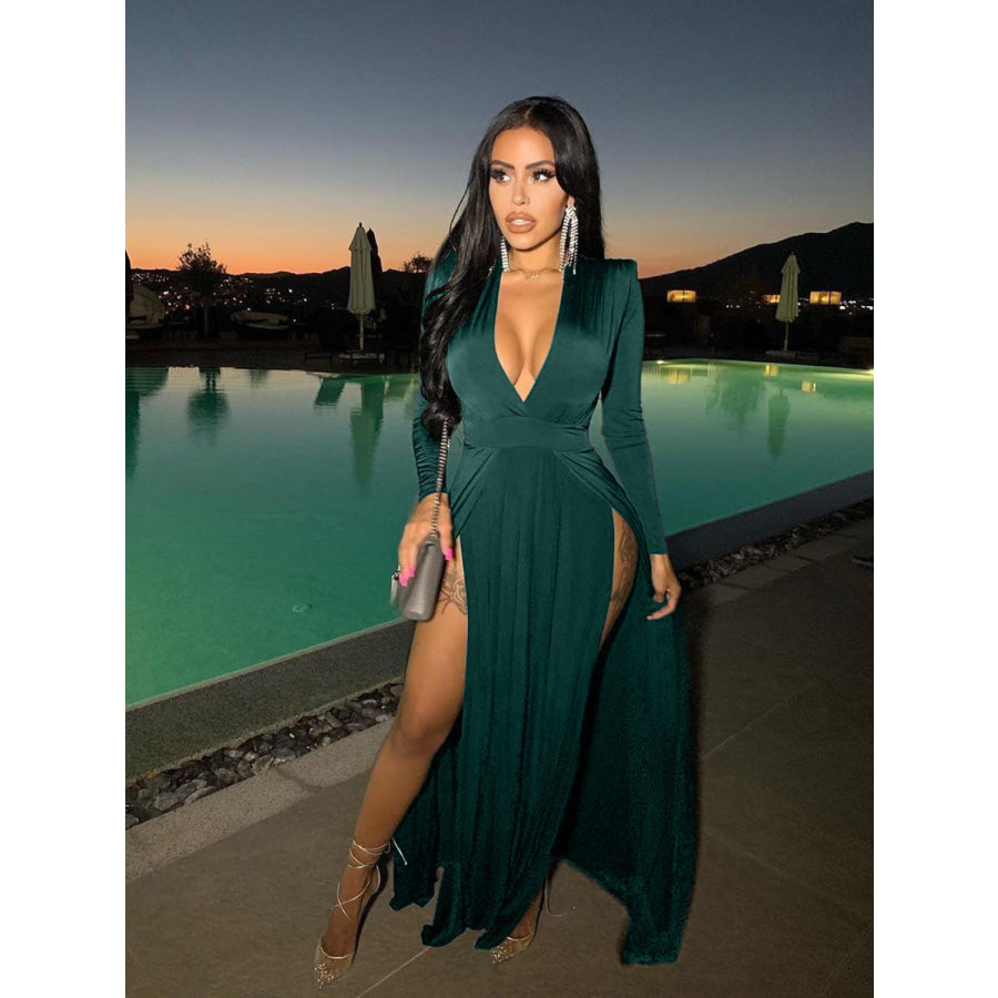 Slit Plunge Long Sleeve Dress Green / S Apparel and Accessories