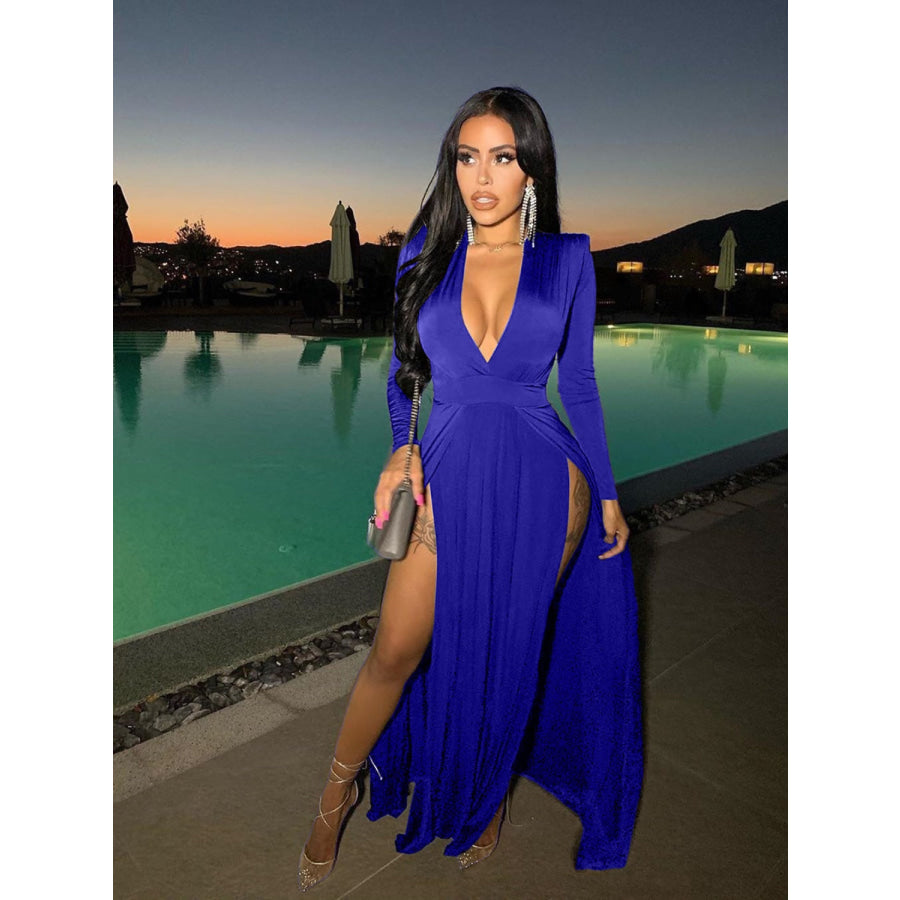 Slit Plunge Long Sleeve Dress Royal Blue / S Apparel and Accessories