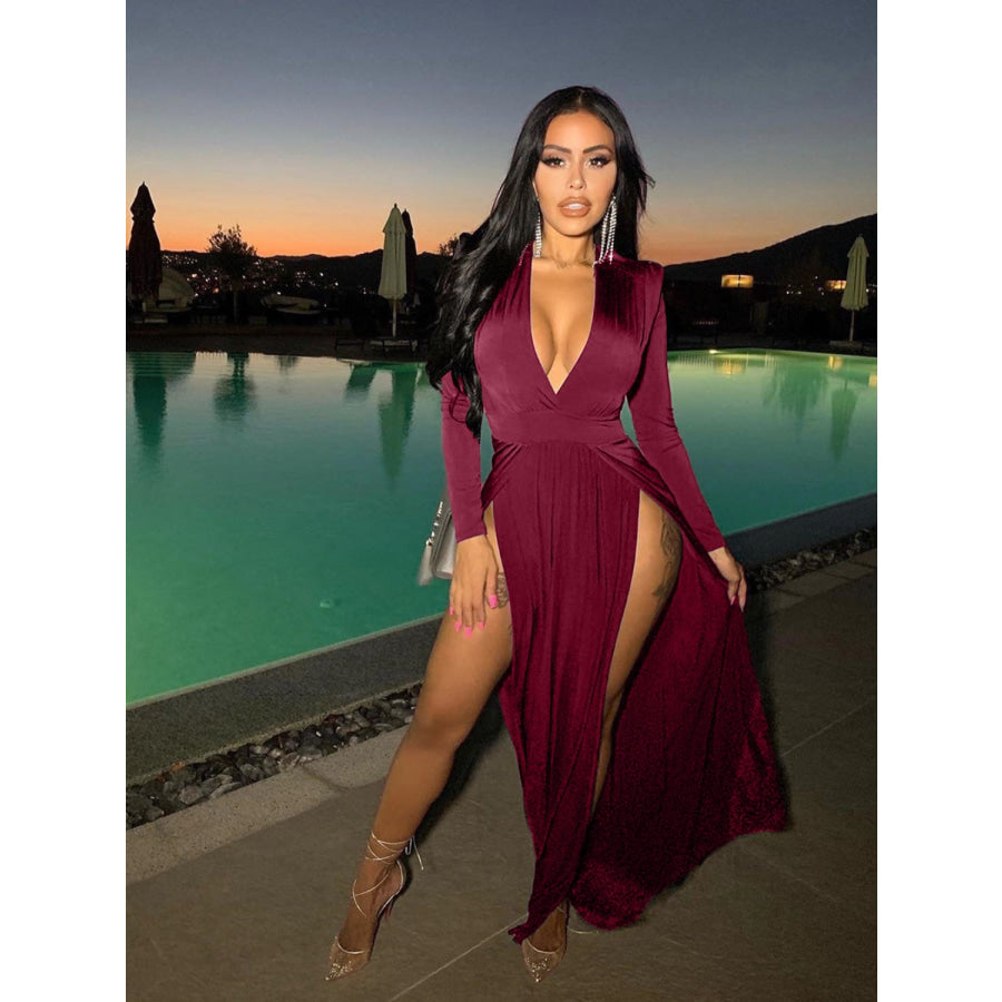 Slit Plunge Long Sleeve Dress Wine / S Apparel and Accessories