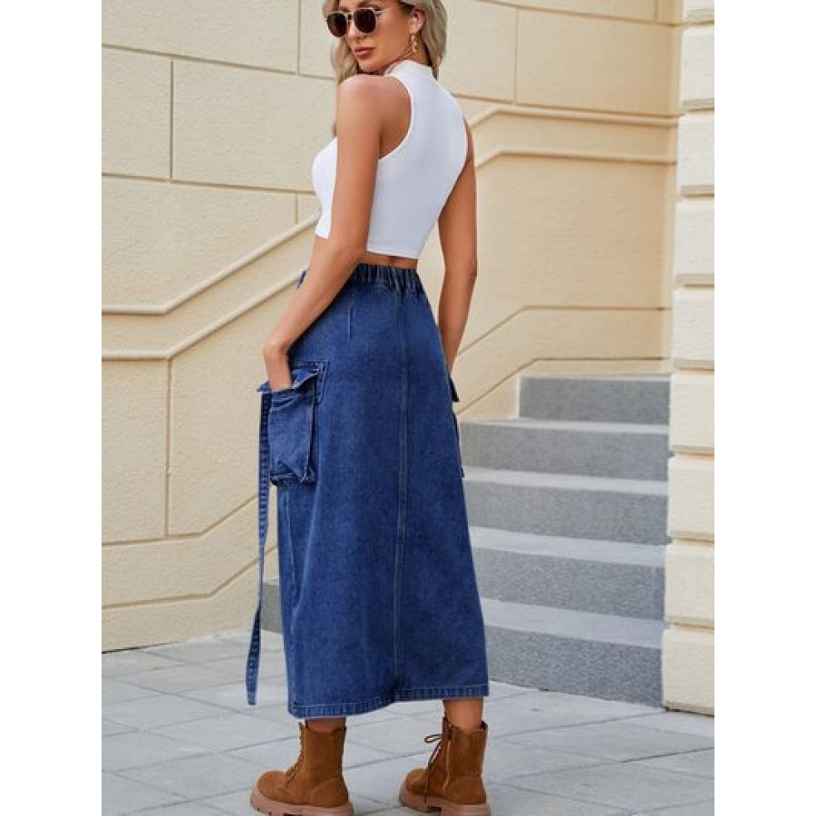 Slit Pocketed High Waist Denim Skirt Apparel and Accessories