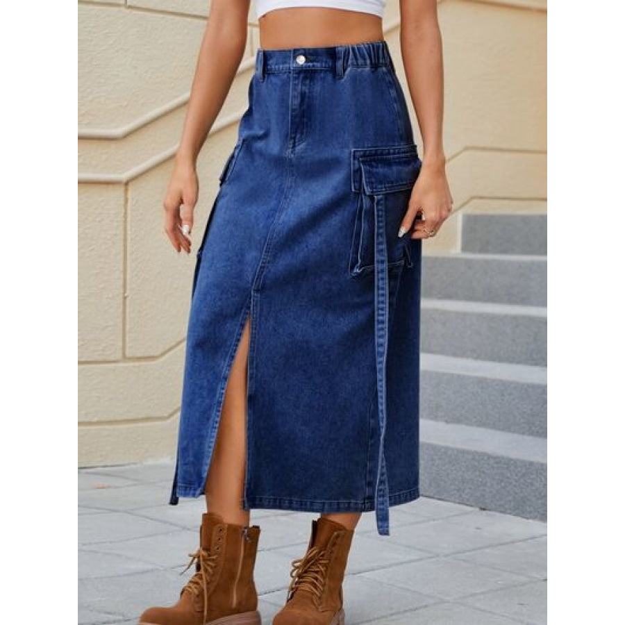 Slit Pocketed High Waist Denim Skirt Apparel and Accessories