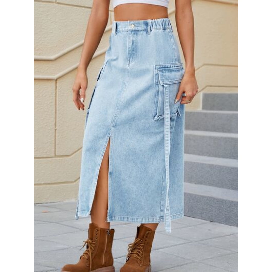 Slit Pocketed High Waist Denim Skirt Apparel and Accessories