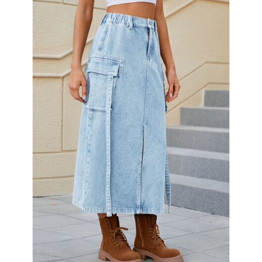 Slit Pocketed High Waist Denim Skirt Apparel and Accessories