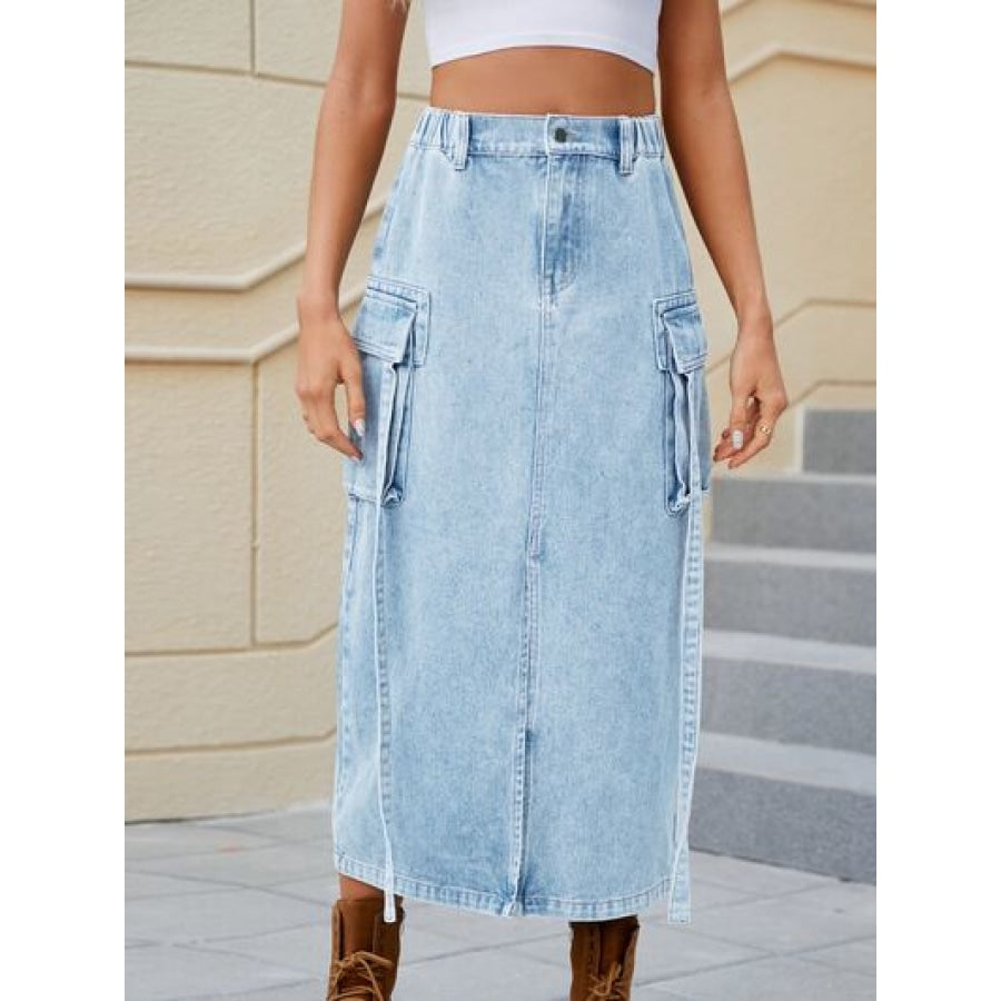 Slit Pocketed High Waist Denim Skirt Misty Blue / S Apparel and Accessories