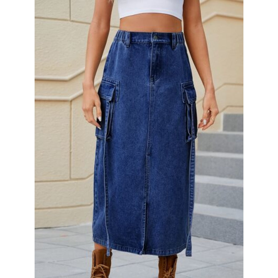 Slit Pocketed High Waist Denim Skirt Navy / S Apparel and Accessories