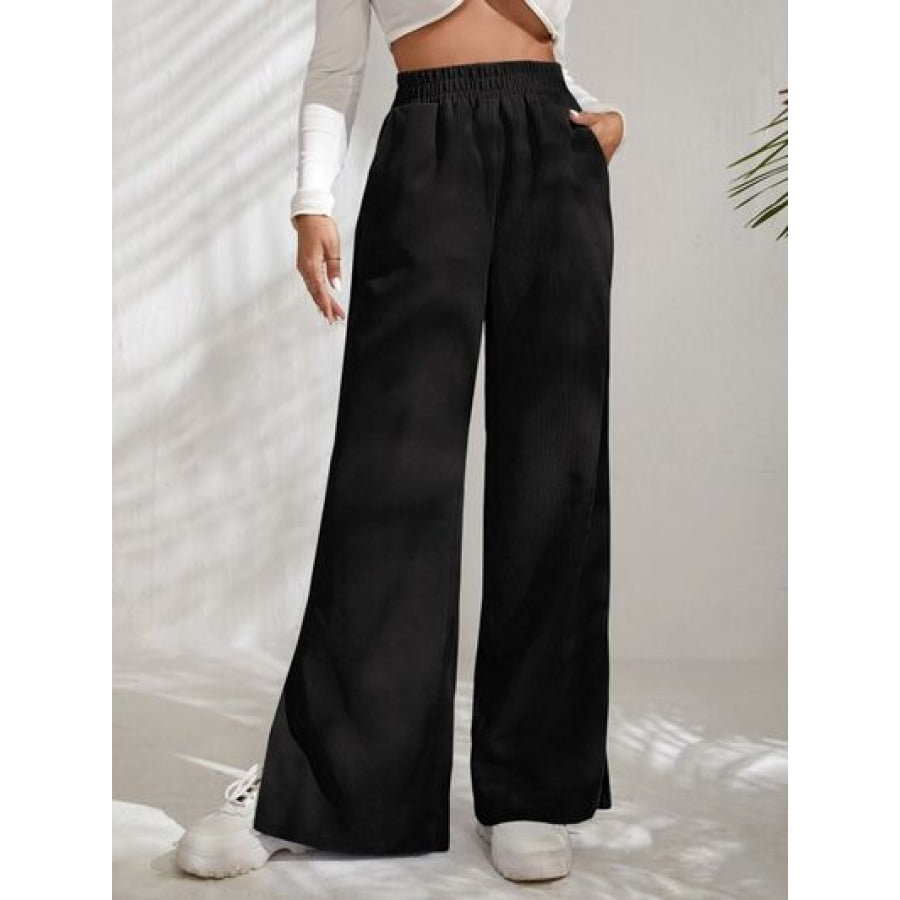 Slit Pocketed High Waist Wide Leg Pants Black / S Apparel and Accessories