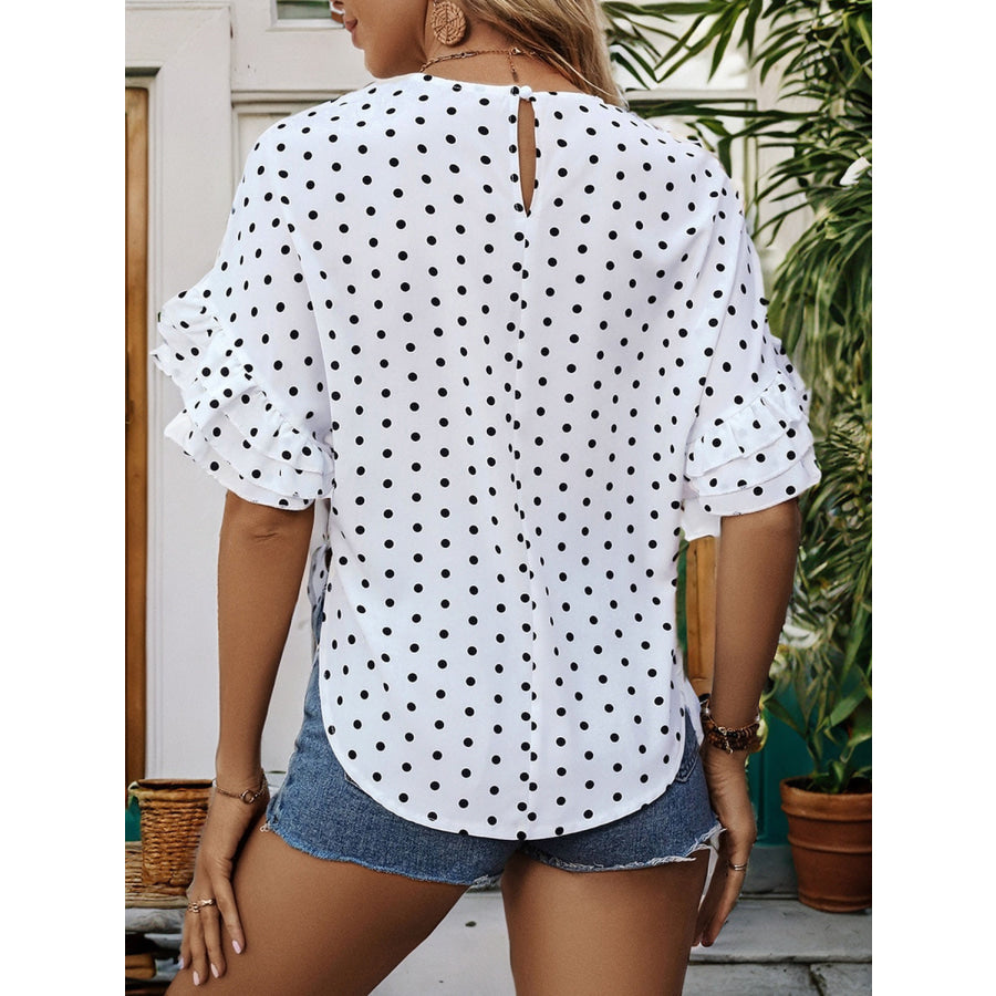 Slit Polka Dot Round Neck Half Sleeve Blouse Apparel and Accessories