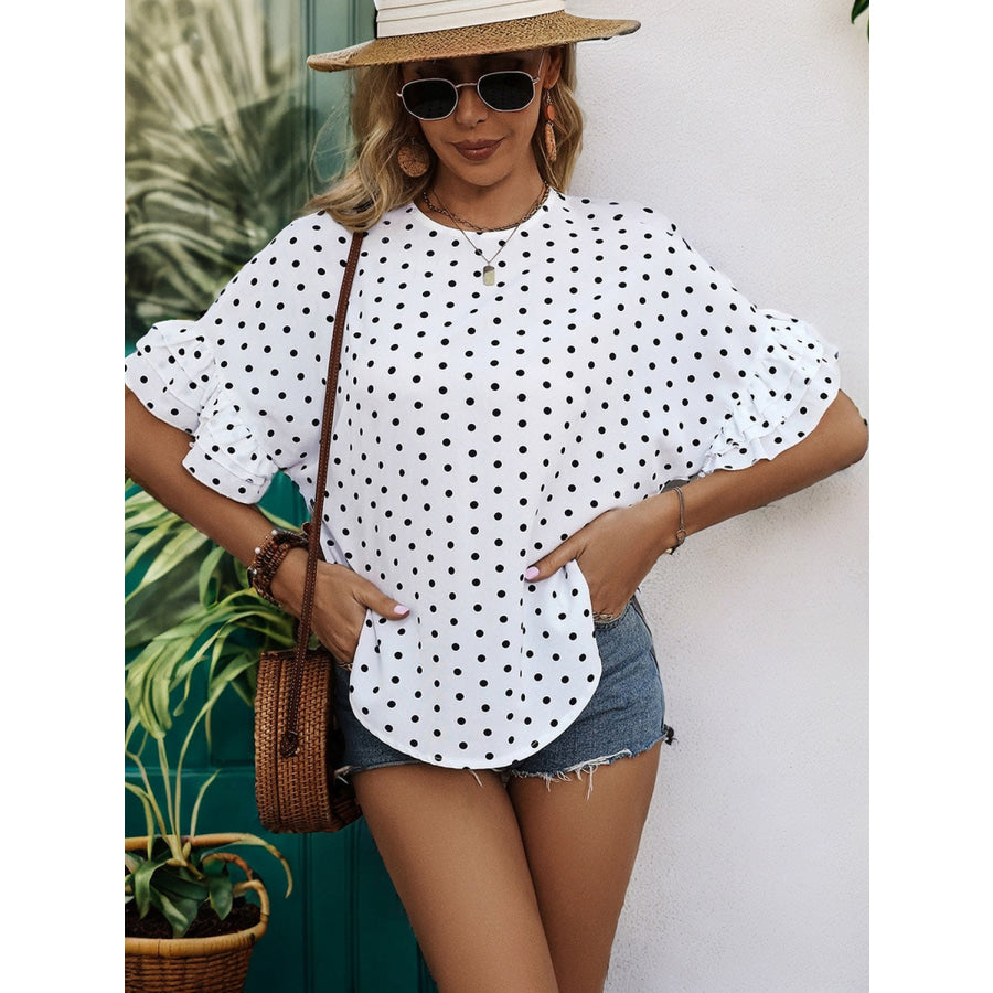 Slit Polka Dot Round Neck Half Sleeve Blouse Apparel and Accessories