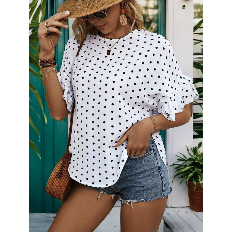 Slit Polka Dot Round Neck Half Sleeve Blouse Apparel and Accessories