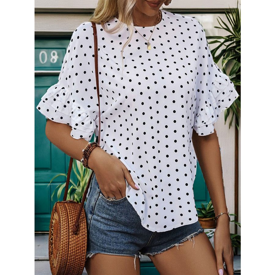 Slit Polka Dot Round Neck Half Sleeve Blouse White / S Apparel and Accessories