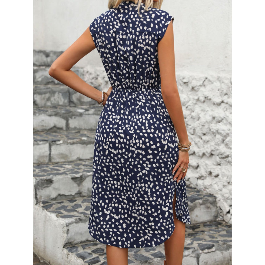 Slit Printed Cap Sleeve Dress Dark Blue / S Apparel and Accessories