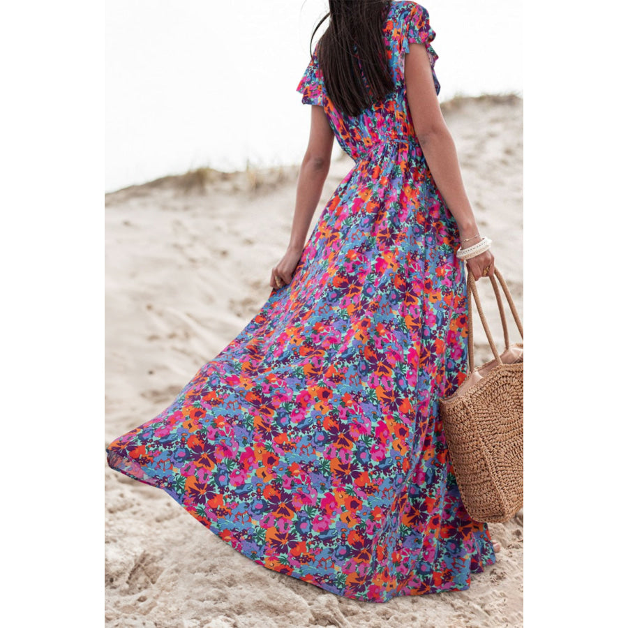 Slit Printed Cap Sleeve Maxi Dress Apparel and Accessories