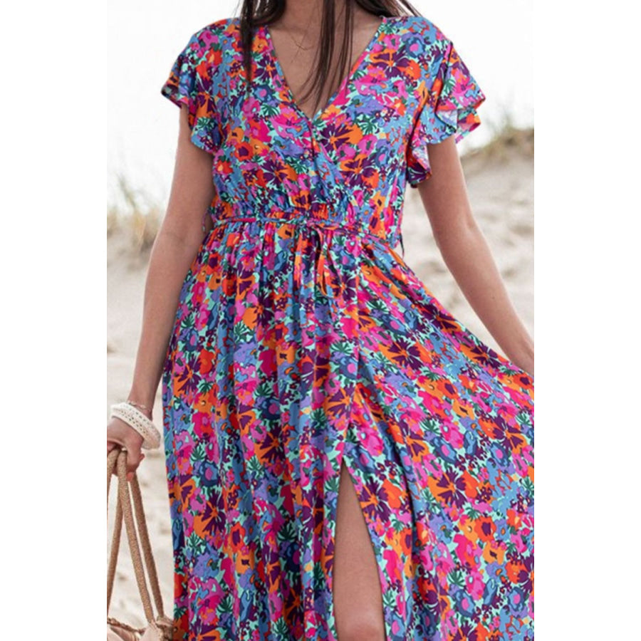 Slit Printed Cap Sleeve Maxi Dress Apparel and Accessories