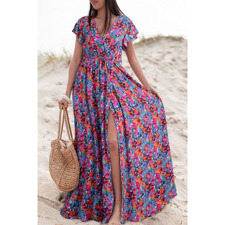 Slit Printed Cap Sleeve Maxi Dress Floral / S Apparel and Accessories