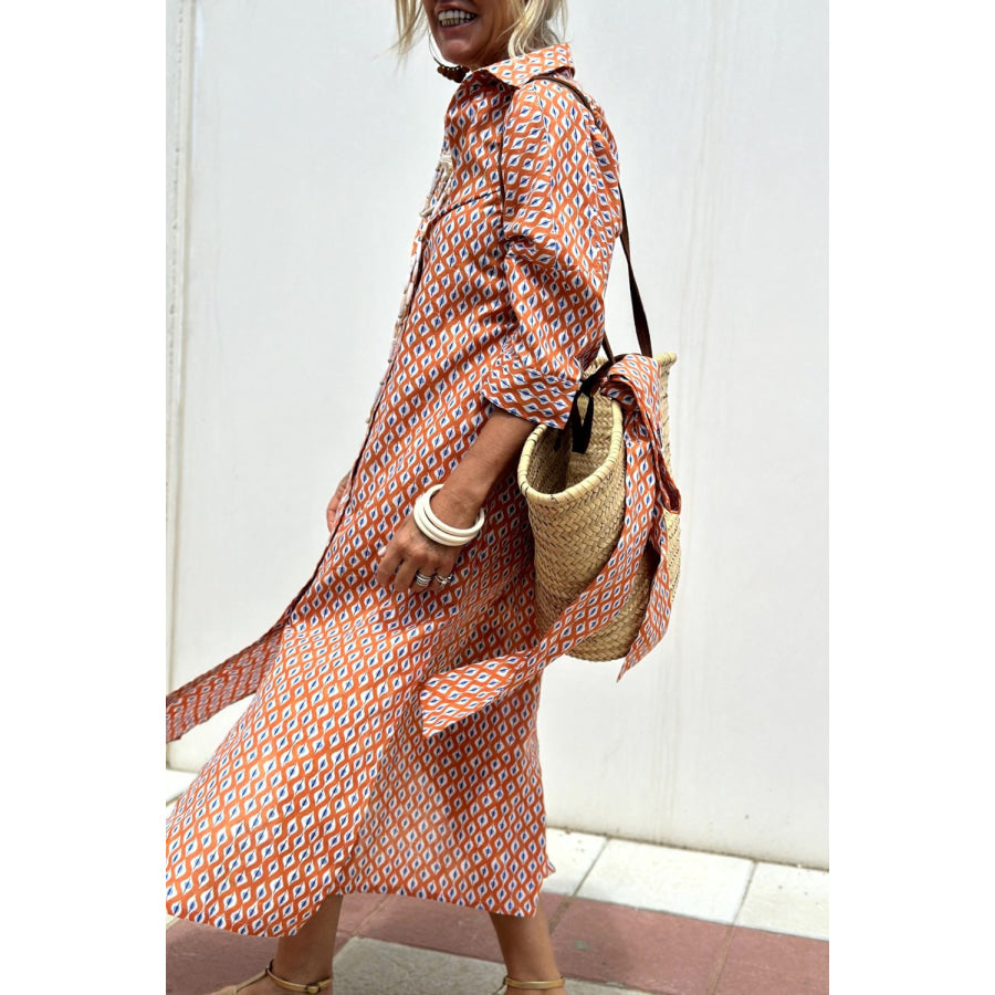 Slit Printed Collared Neck Three-Quarter Sleeve Midi Shirt Dress Apparel and Accessories