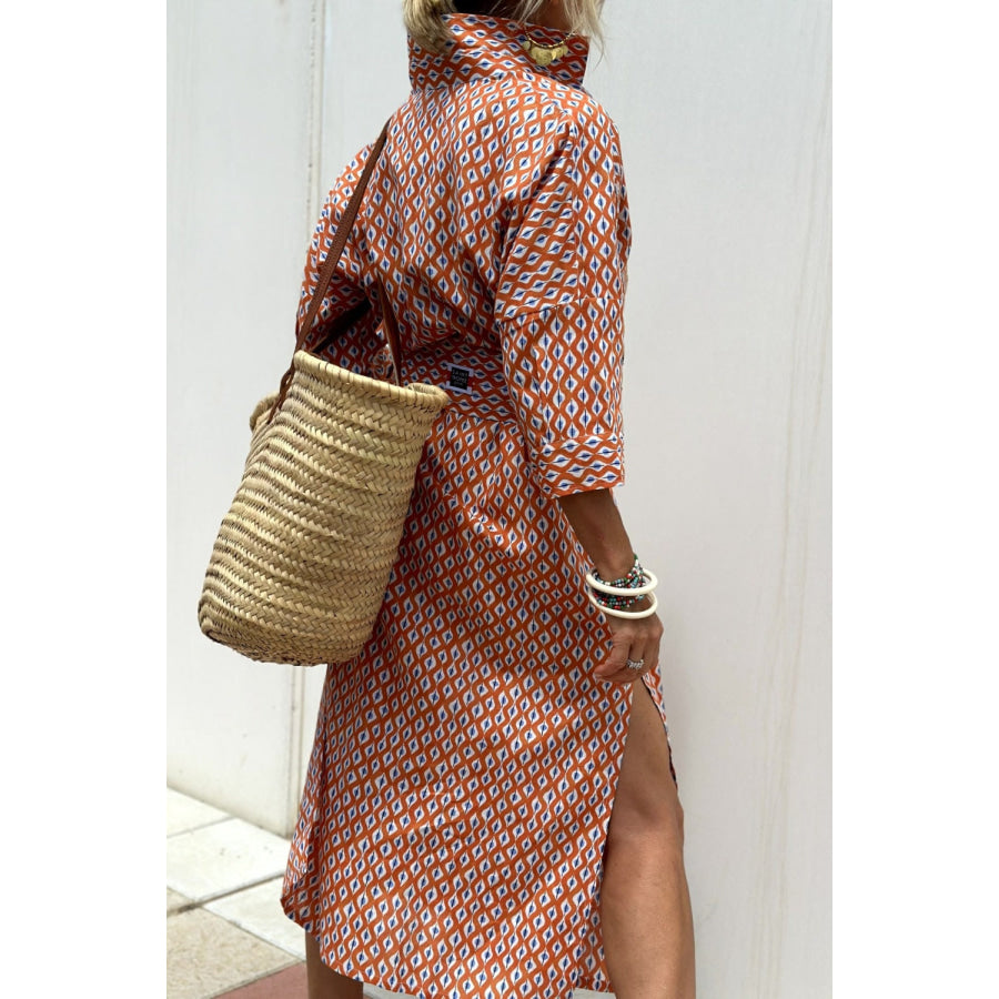 Slit Printed Collared Neck Three-Quarter Sleeve Midi Shirt Dress Apparel and Accessories