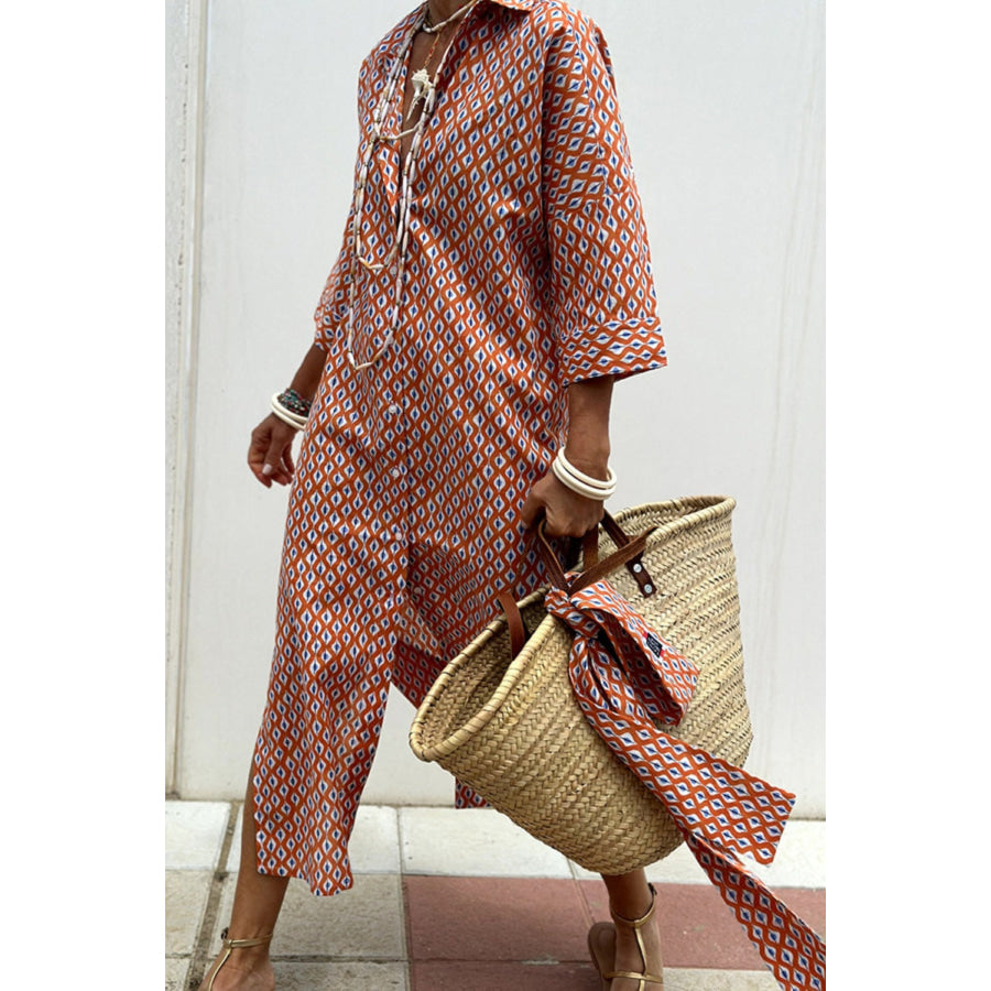 Slit Printed Collared Neck Three-Quarter Sleeve Midi Shirt Dress Red / S Apparel and Accessories