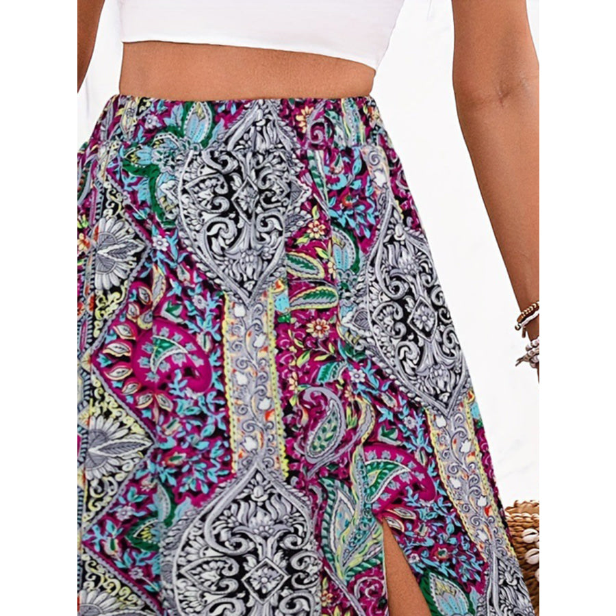 Slit Printed Elastic Waist Skirt Apparel and Accessories